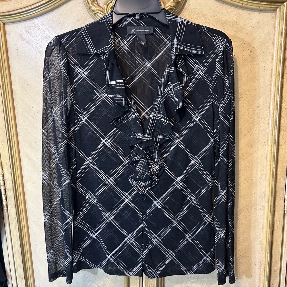 INC Black & White Ruffle Front Sheer Sleeve Blouse